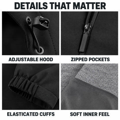 Bilsdale jacket details: hood adjustment, zipped pockets, elasticated cuffs and soft inner fabric