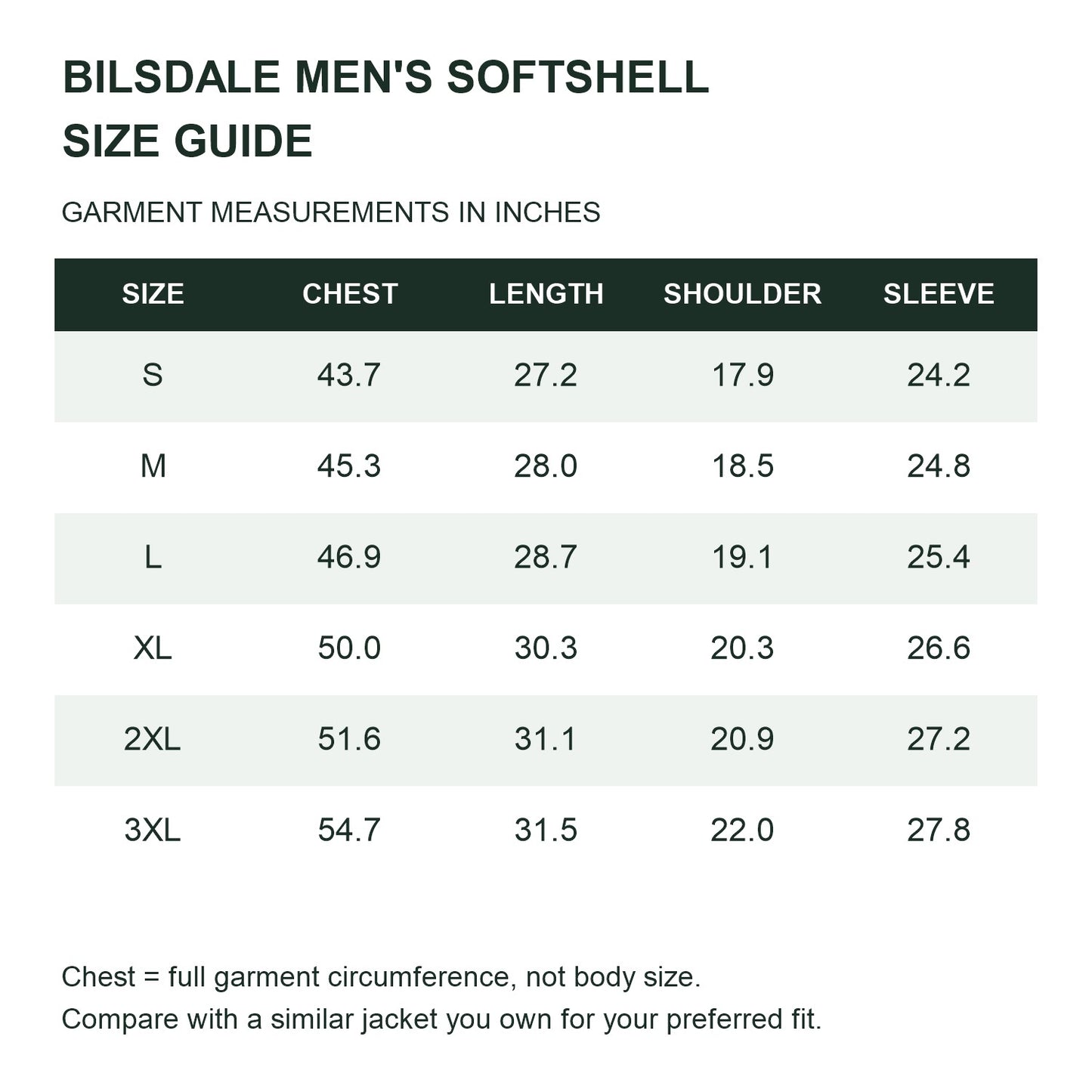 Bilsdale men's hooded softshell jacket — size guide