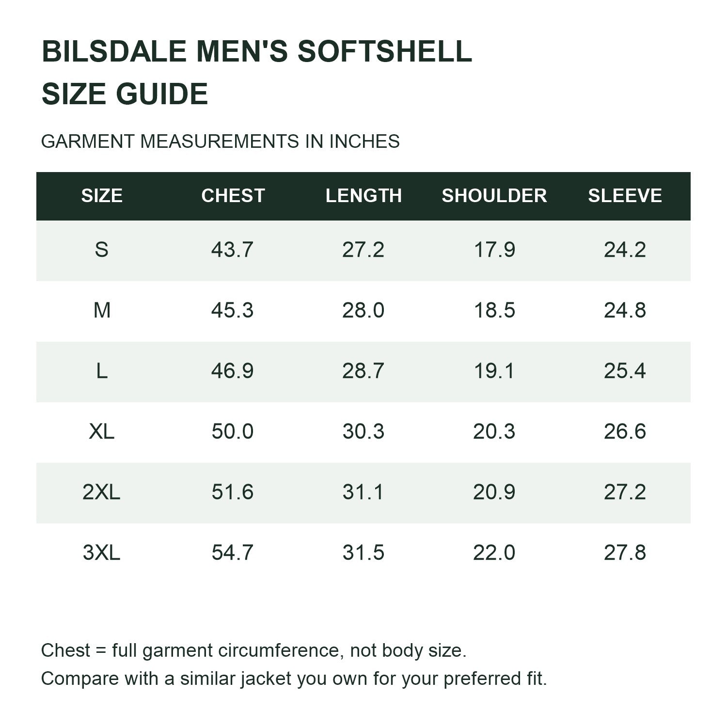 Bilsdale men's hooded softshell jacket — size guide