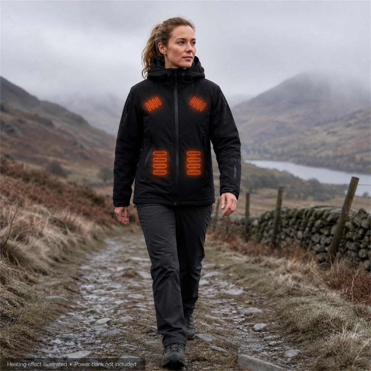 Swaledale women outdoor heated - heating effect illustrated; power bank not included