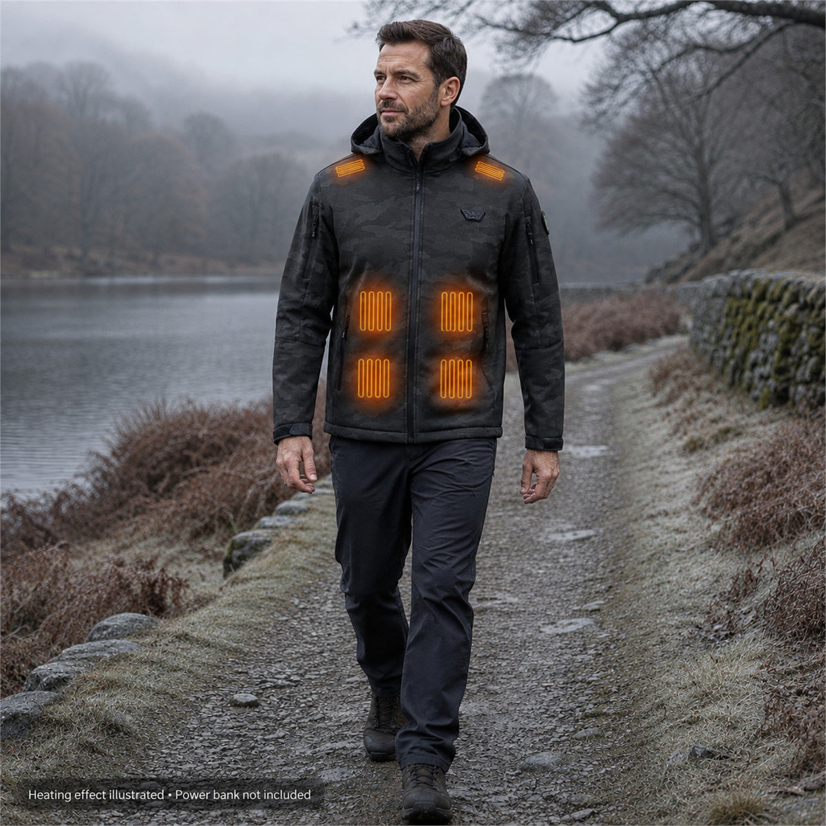 Tynedale camo outdoor heated - heating effect illustrated; power bank not included