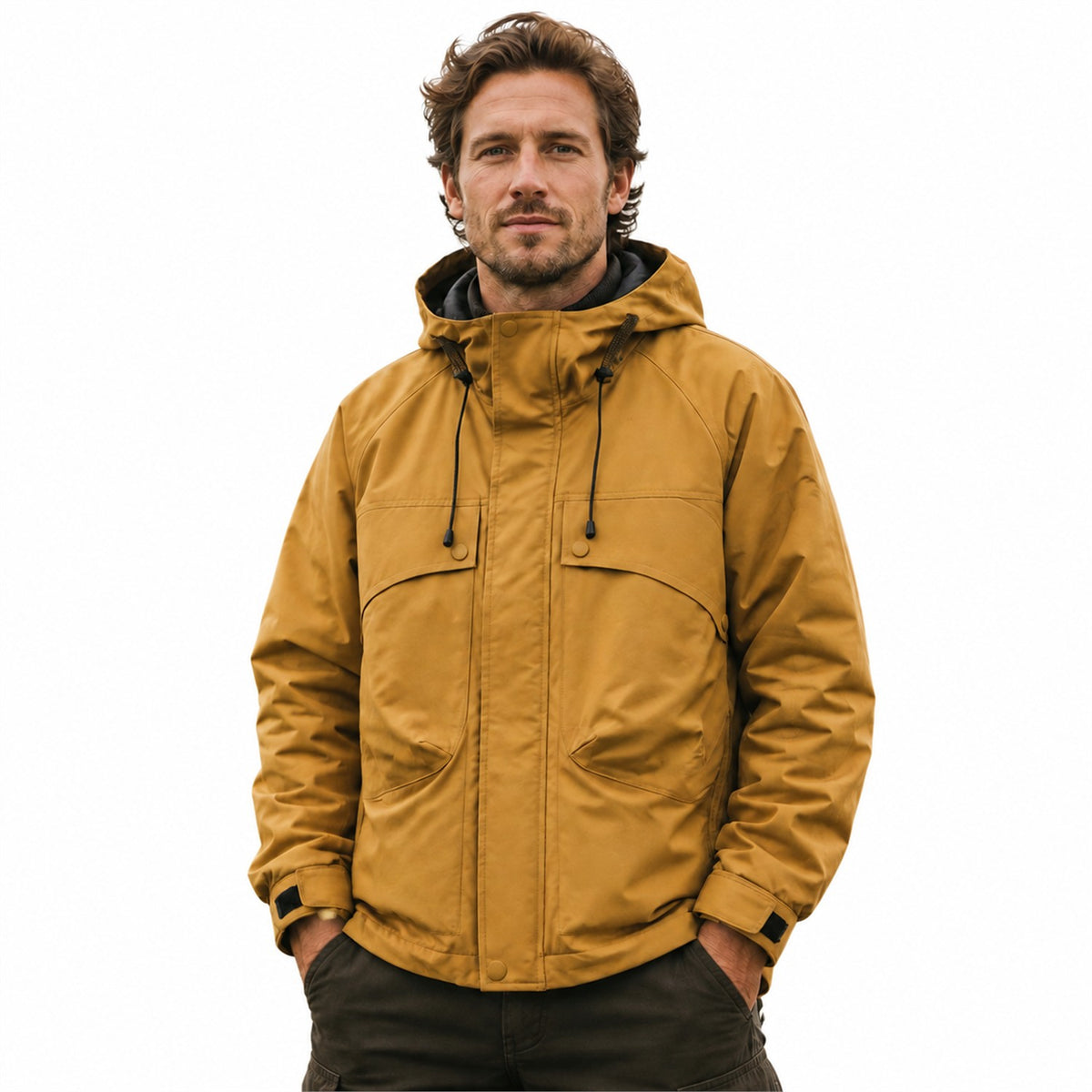 Coverdale men's hooded utility jacket in yellow, white-background model