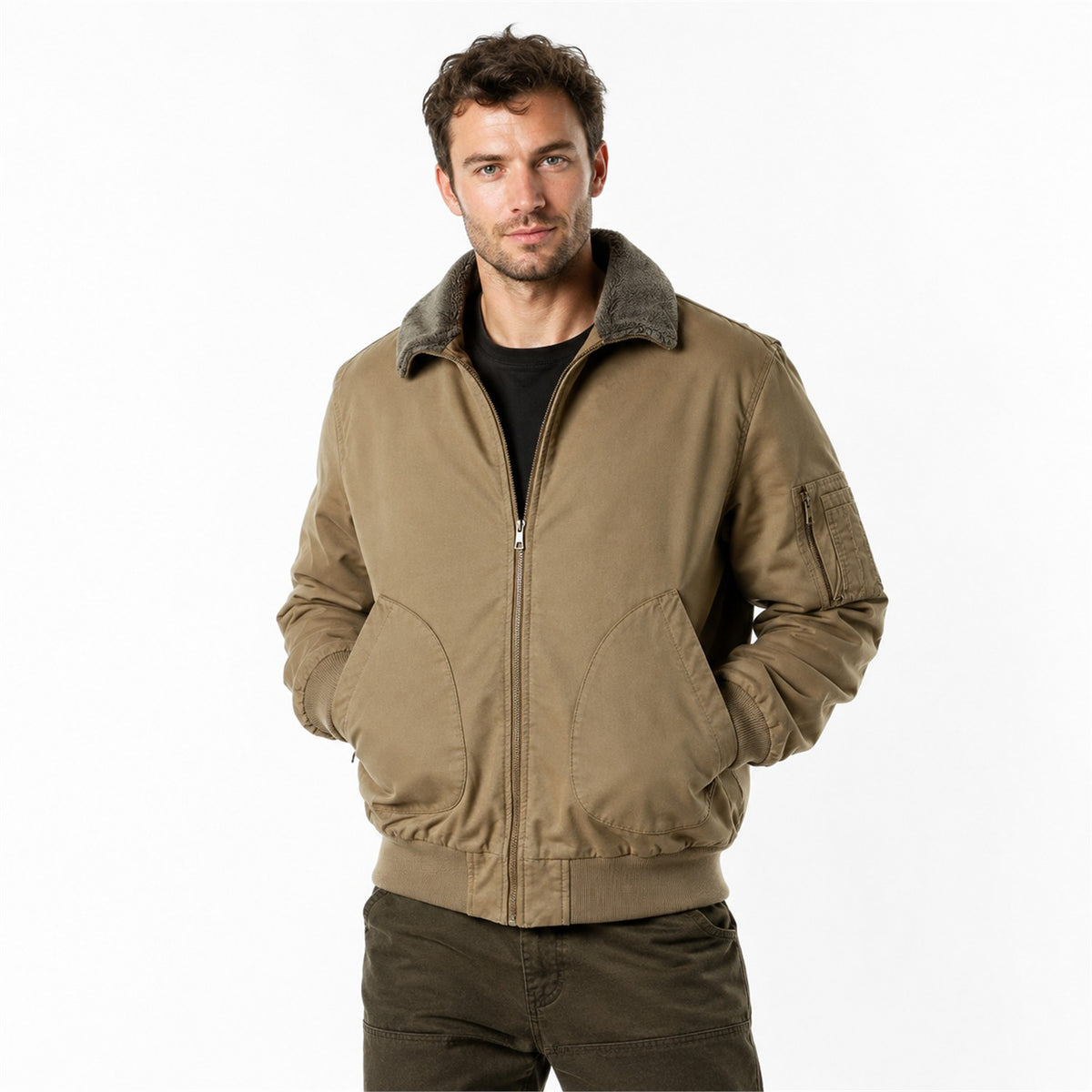 Airedale men's cotton fleece-lined bomber jacket — khaki model white