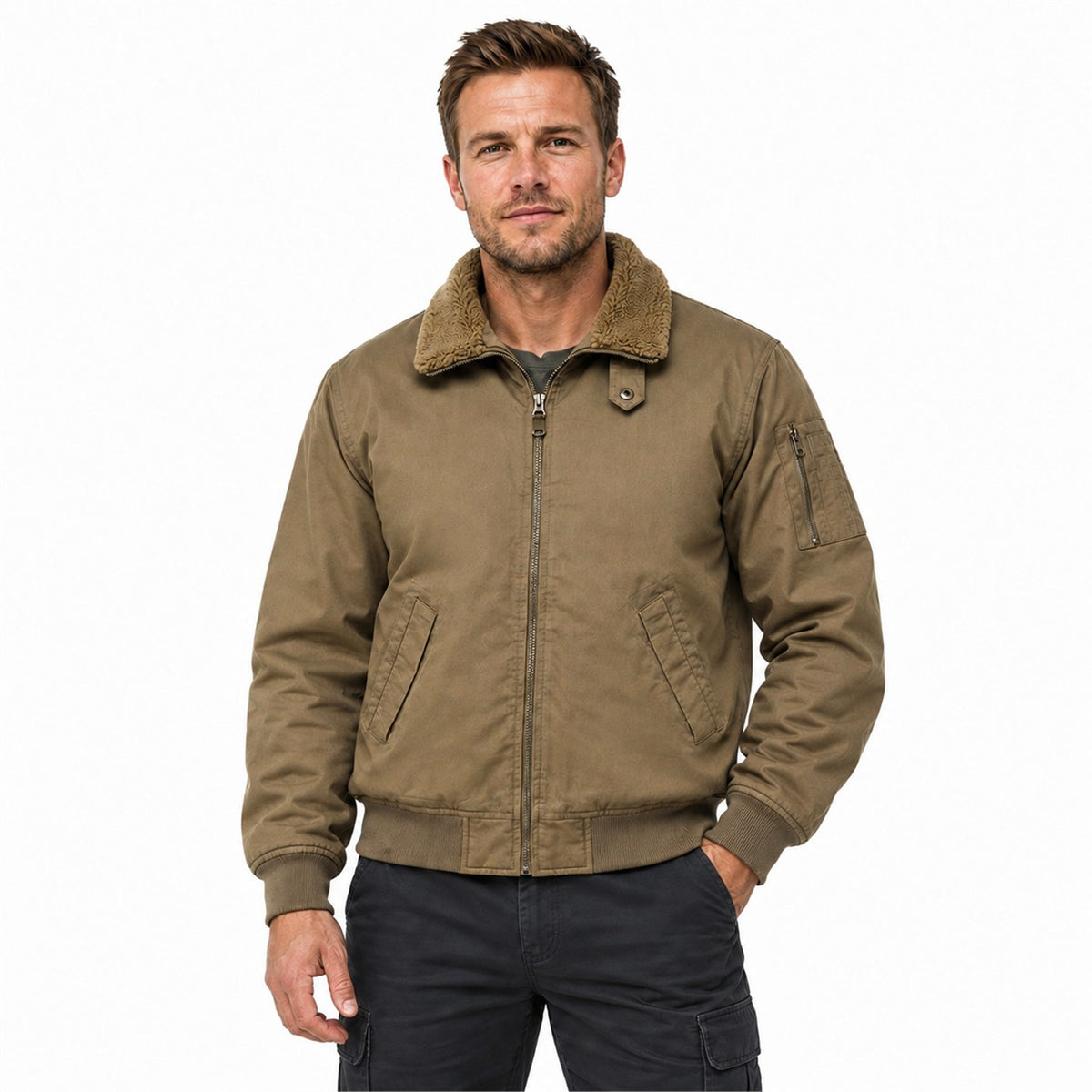 Hawkshead men's fleece-lined bomber jacket — roomy khaki white-background model