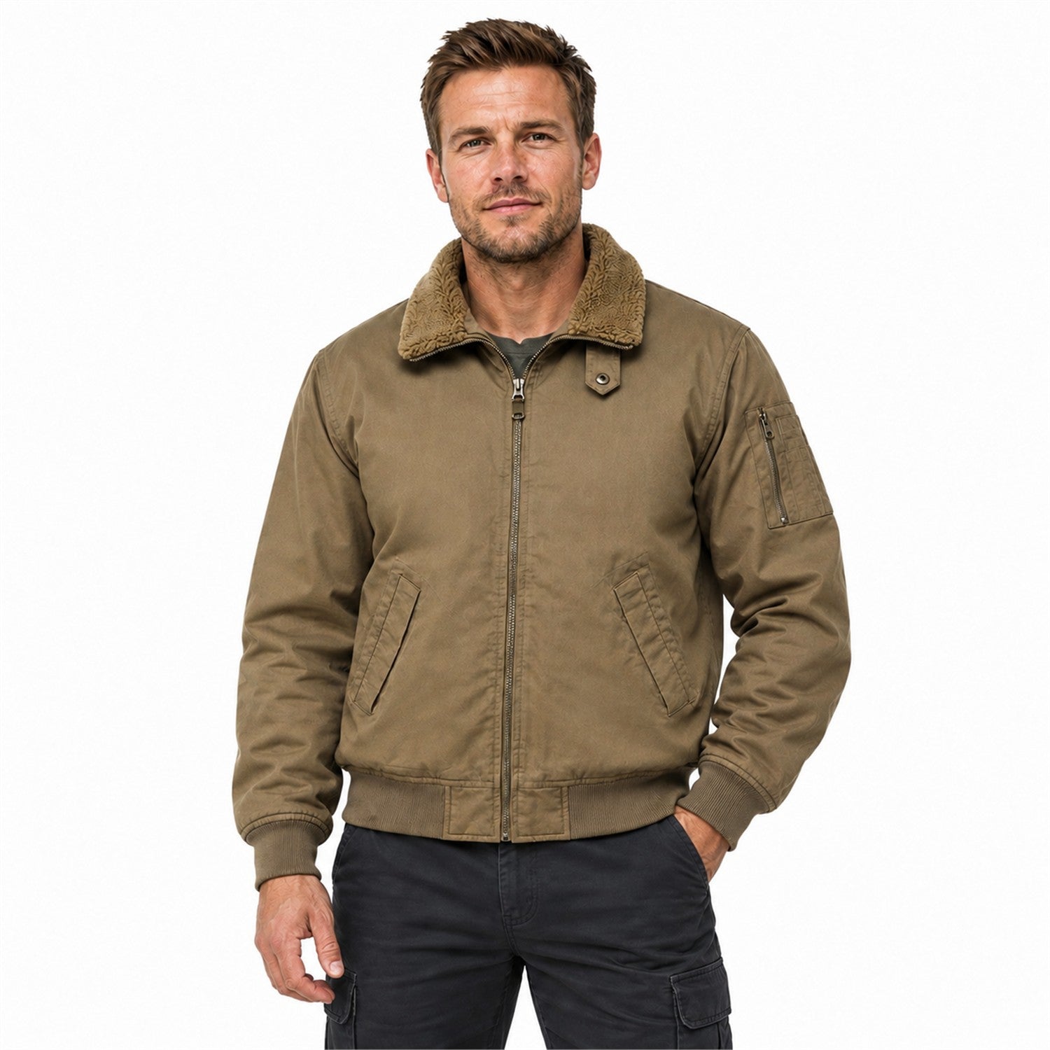 Hawkshead men's fleece-lined bomber jacket — roomy khaki white-background model