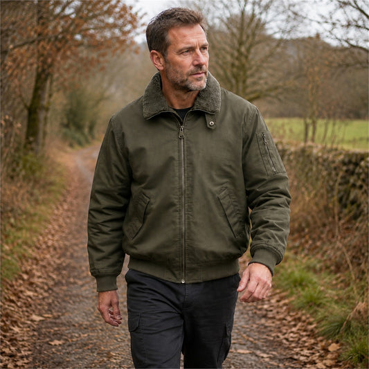 Hawkshead men's fleece-lined bomber jacket — roomy olive outdoor model