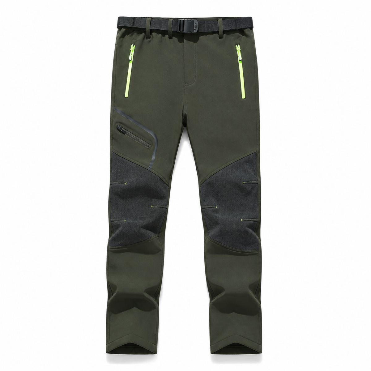 AC200001 men's fleece-lined softshell trousers in Army Green, front view