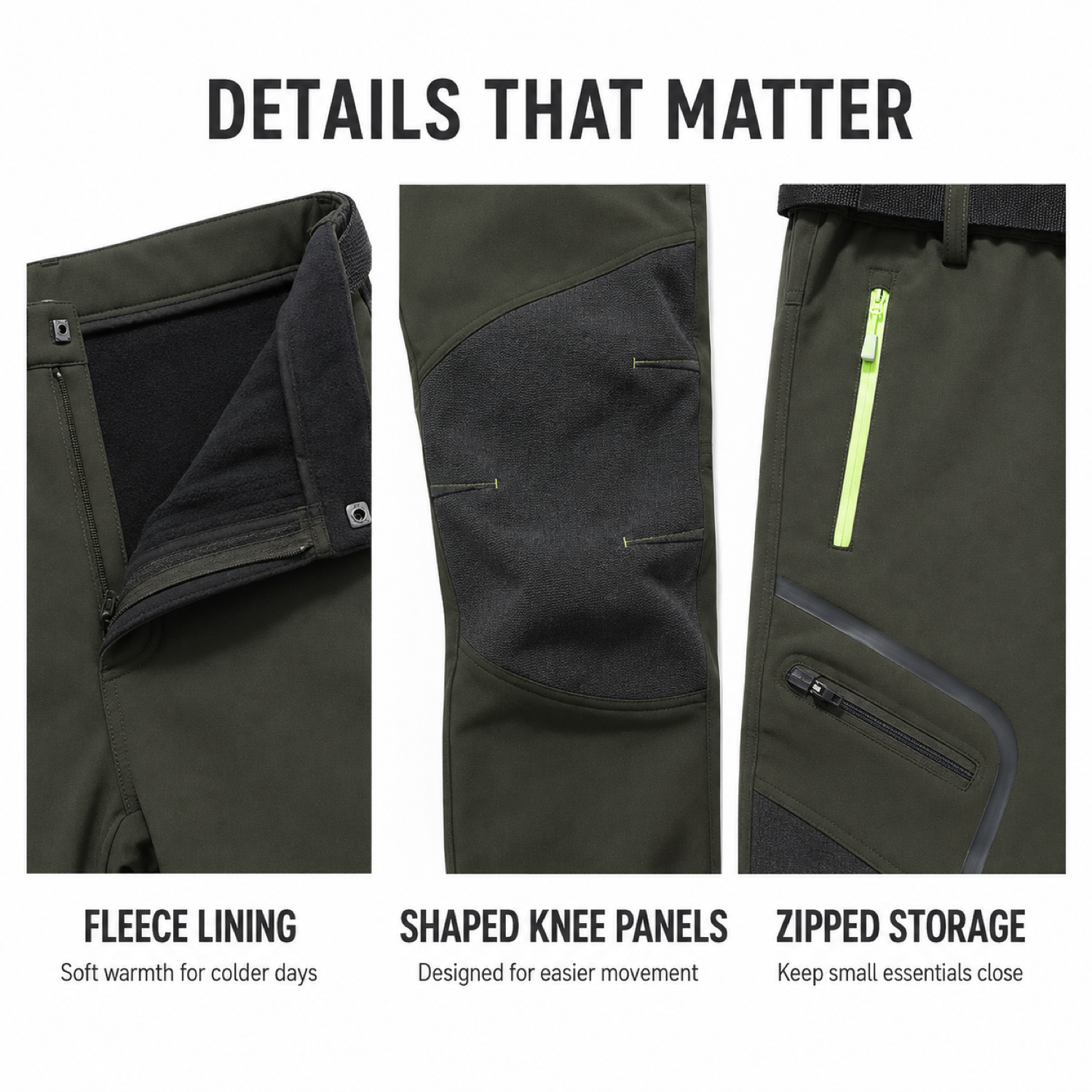 AC200001 men's fleece-lined softshell trousers — details