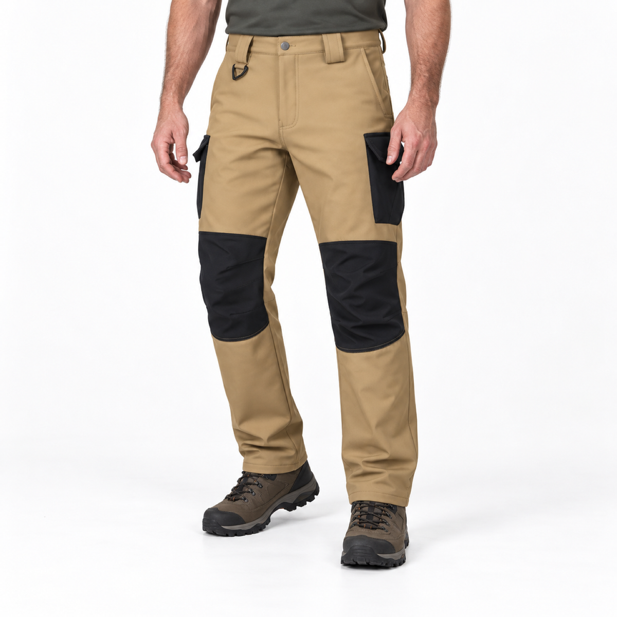 Dovedale men's fleece-lined cargo walking trousers: Tan trousers on a male walker, waist-down studio view