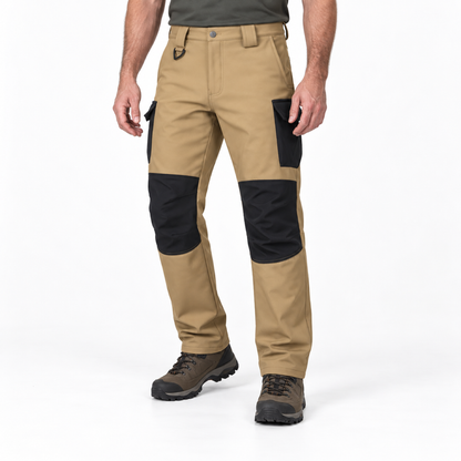 Dovedale men's fleece-lined cargo walking trousers: Tan trousers on a male walker, waist-down studio view