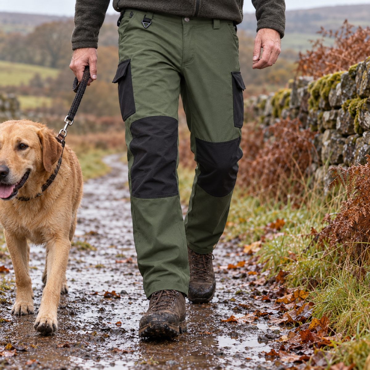 Dovedale men's fleece-lined cargo walking trousers: Army Green trousers on a countryside dog walk