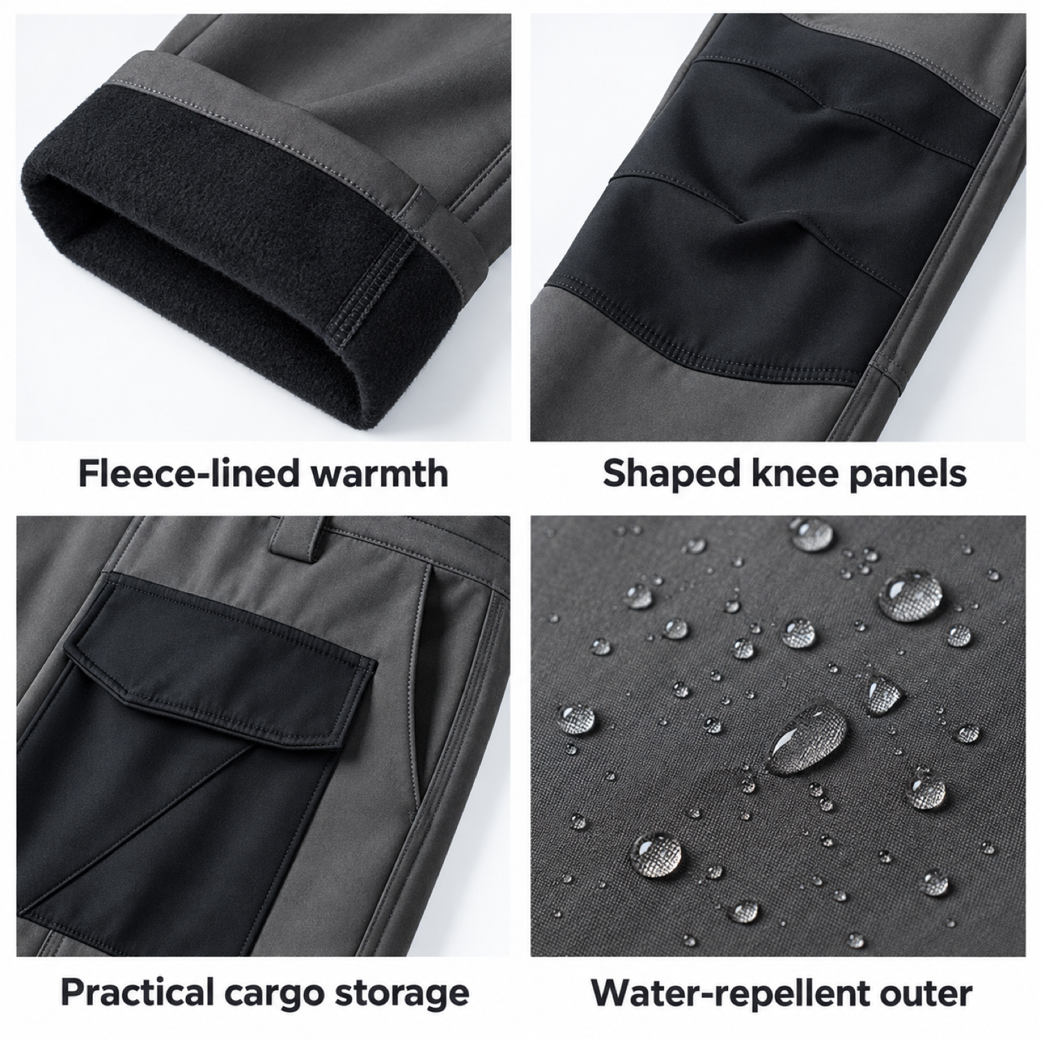 Dovedale men's fleece-lined cargo walking trousers: Fleece lining, shaped knees, cargo storage and water-repellent outer