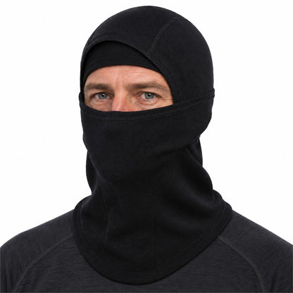 Black Alwinton merino balaclava worn by a man on a white background