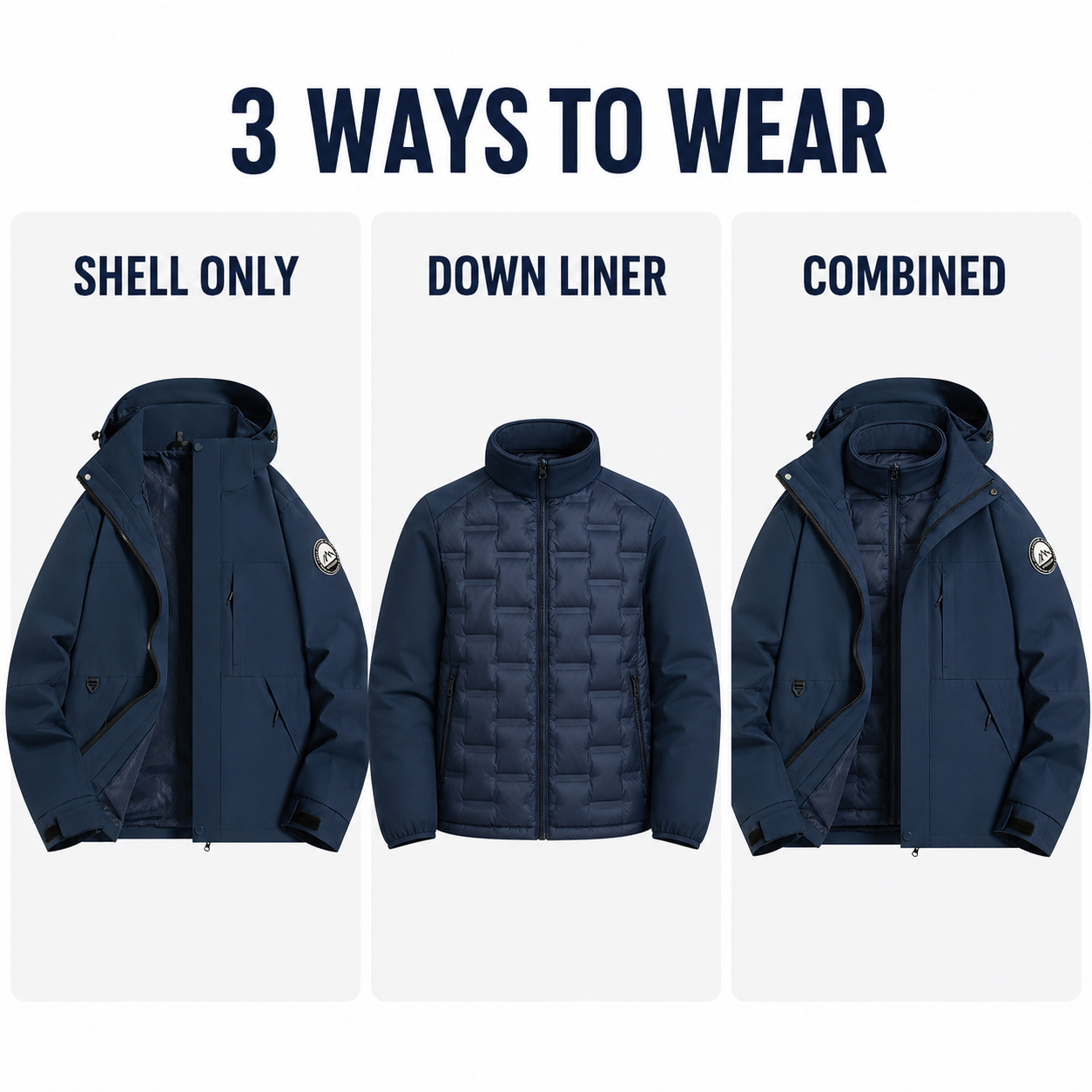 Three ways to wear the Angular Core AC102006 jacket: shell, down liner or combined