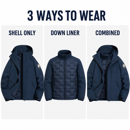 Three ways to wear the Angular Core AC102006 jacket: shell, down liner or combined