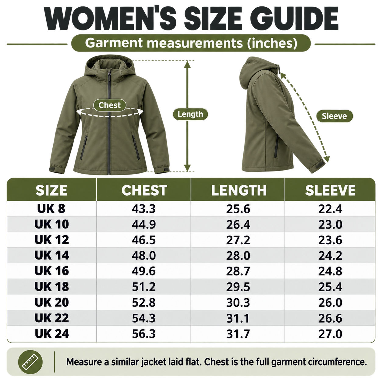 Angular Core women's AC102006 jacket size guide in inches