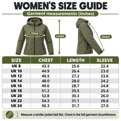 Angular Core women's AC102006 jacket size guide in inches