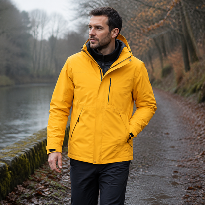 Man hiking in the Angular Core maple yellow 3-in-1 waterproof down jacket