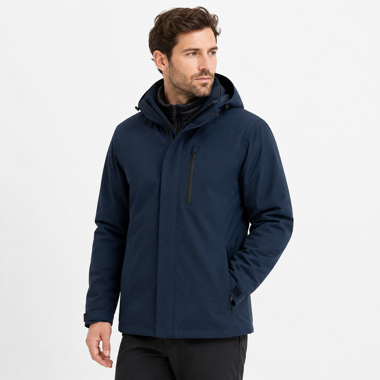 Man wearing the Angular Core navy 3-in-1 waterproof down jacket on a white background