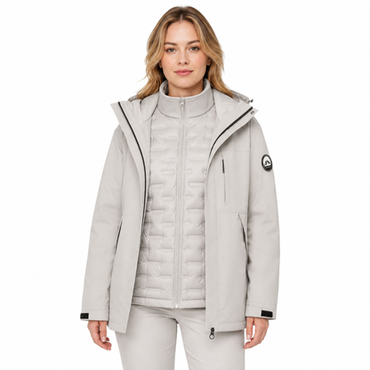 Woman wearing the Angular Core Ice Grey 3-in-1 jacket with the shell open and down liner zipped