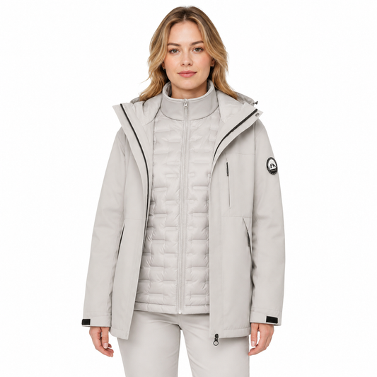 Woman wearing the Angular Core Ice Grey 3-in-1 jacket with the shell open and down liner zipped