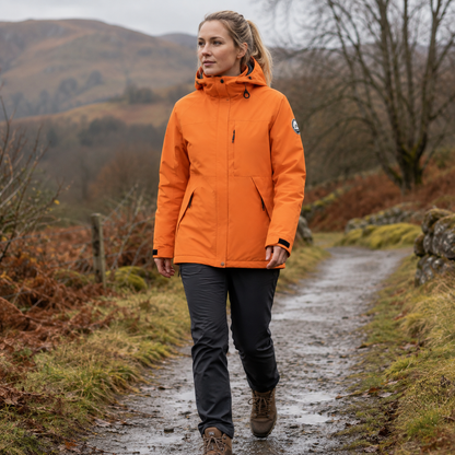 Woman hiking in the Angular Core Orange 3-in-1 waterproof down jacket