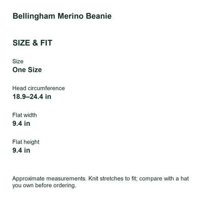 Bellingham Merino Wool Beanie size guide in inches