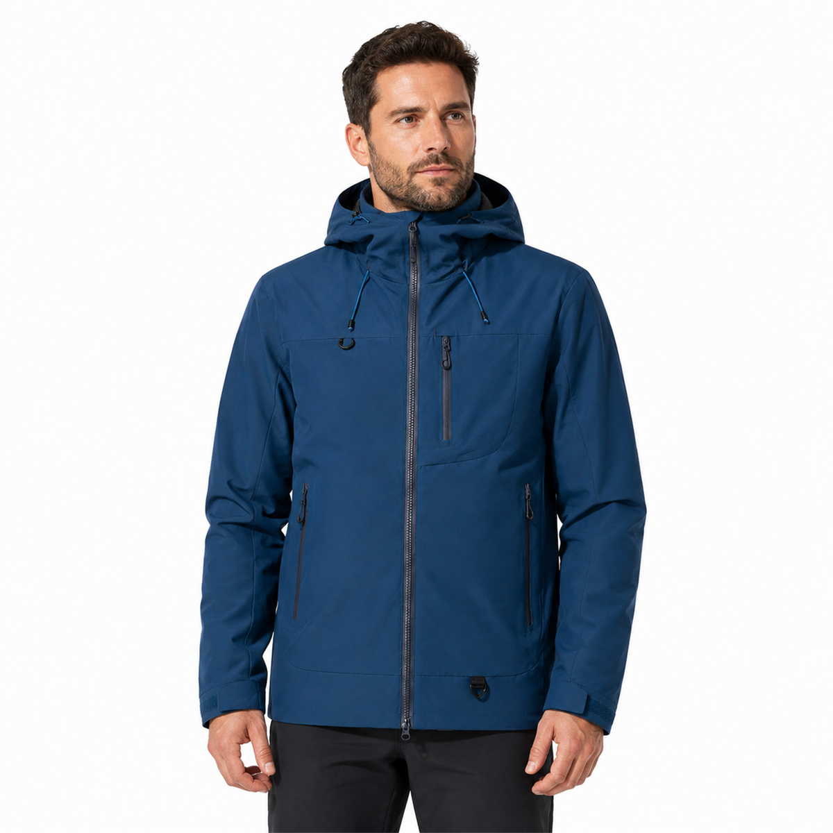 Man wearing the Navy Borrowdale waterproof jacket