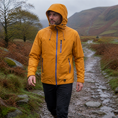 Man wearing the Orange Borrowdale jacket on a wet autumn trail