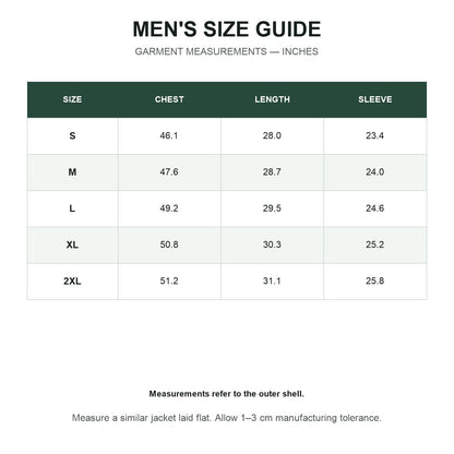 Borrowdale men's jacket size guide in inches
