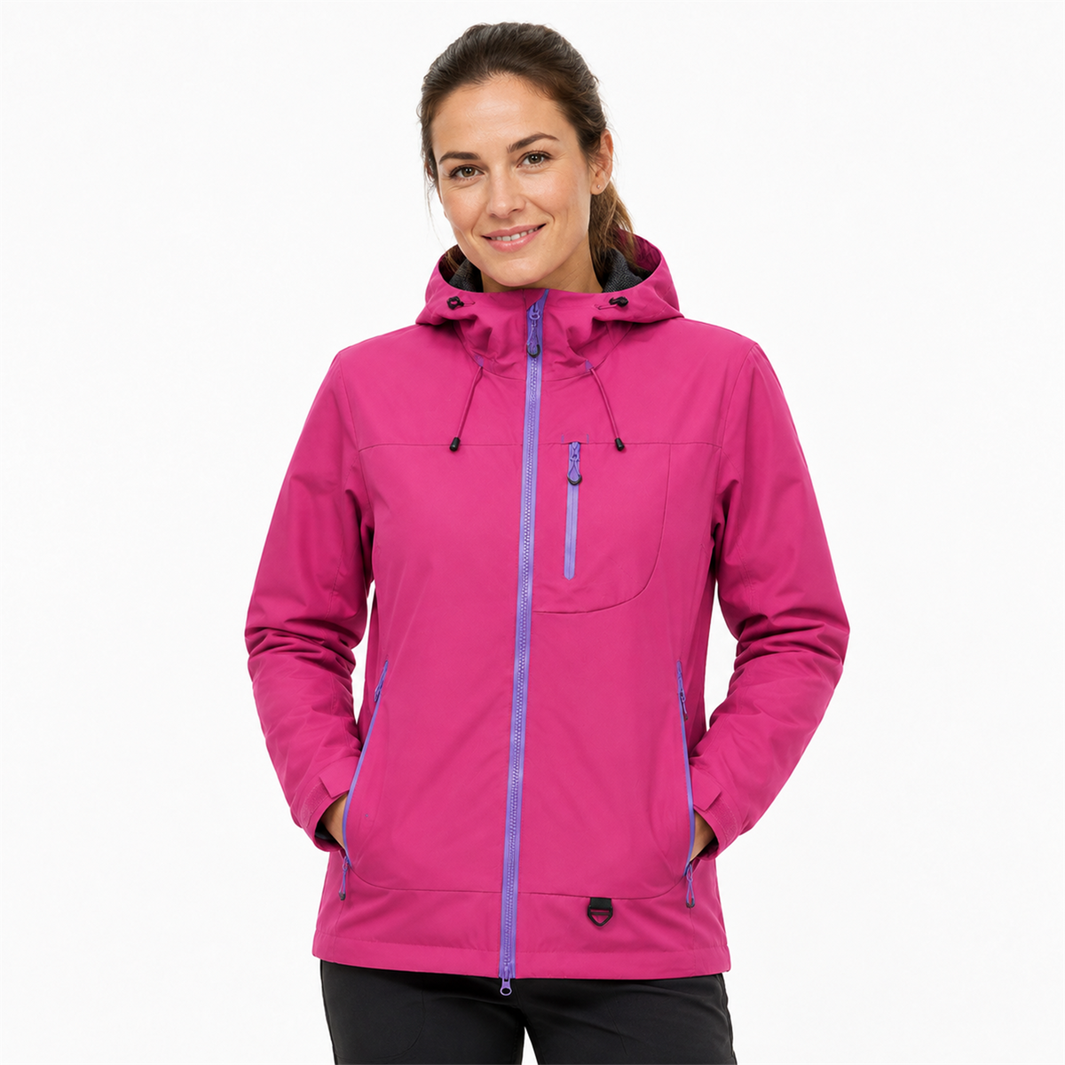 Woman wearing the Hot Pink Borrowdale waterproof jacket