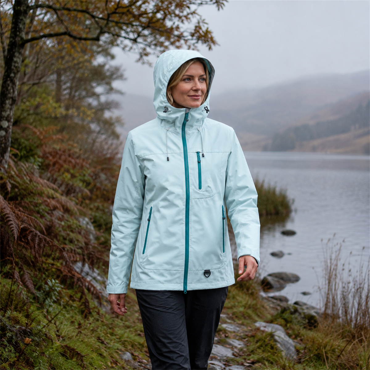 Woman wearing the Mint Borrowdale jacket beside a damp British lake
