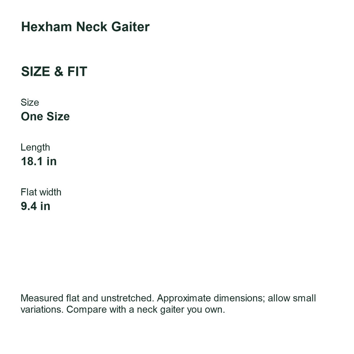 Hexham Neck Gaiter size guide in inches