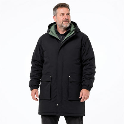 Outdoorsy man wearing the Lowther black longline hooded jacket
