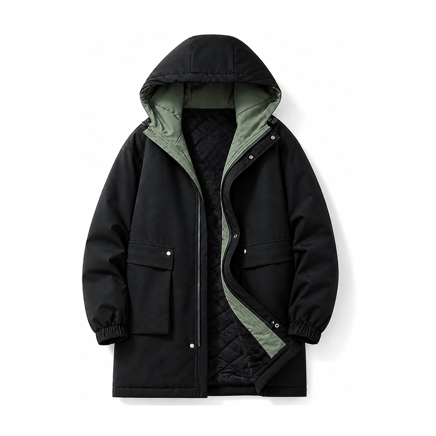 Lowther men's longline hooded jacket in Black with warm lining, front view