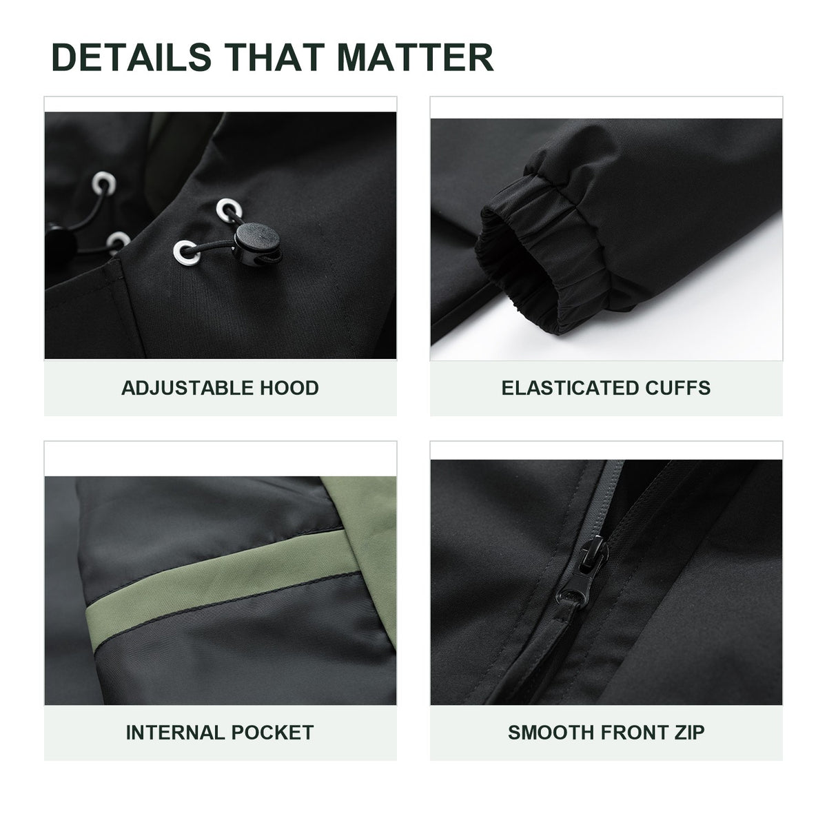 Lowther jacket adjustable hood, elasticated cuffs, internal pocket and front zip details