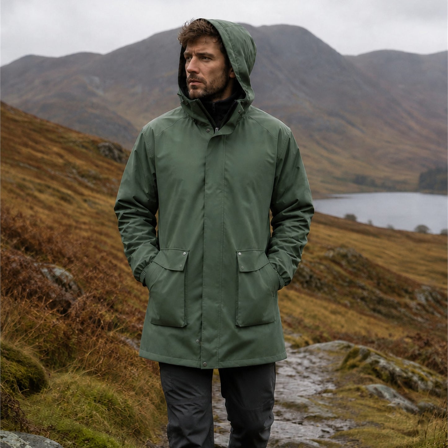 Man wearing the Lowther Military Green longline hooded jacket outdoors in Britain