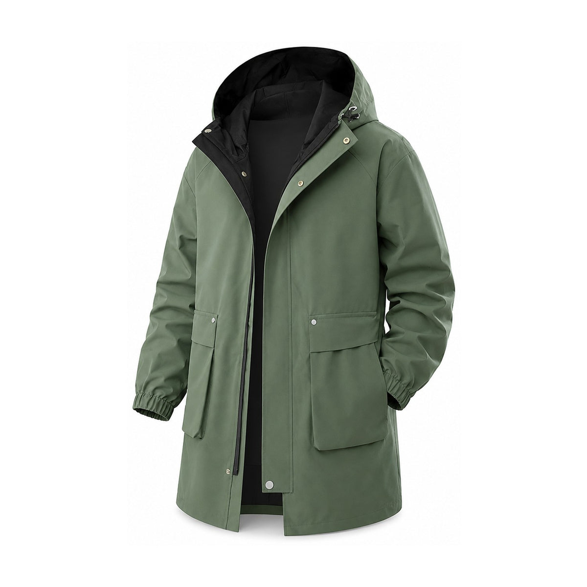 Lowther men's longline hooded jacket in Military Green, standard lining, front view