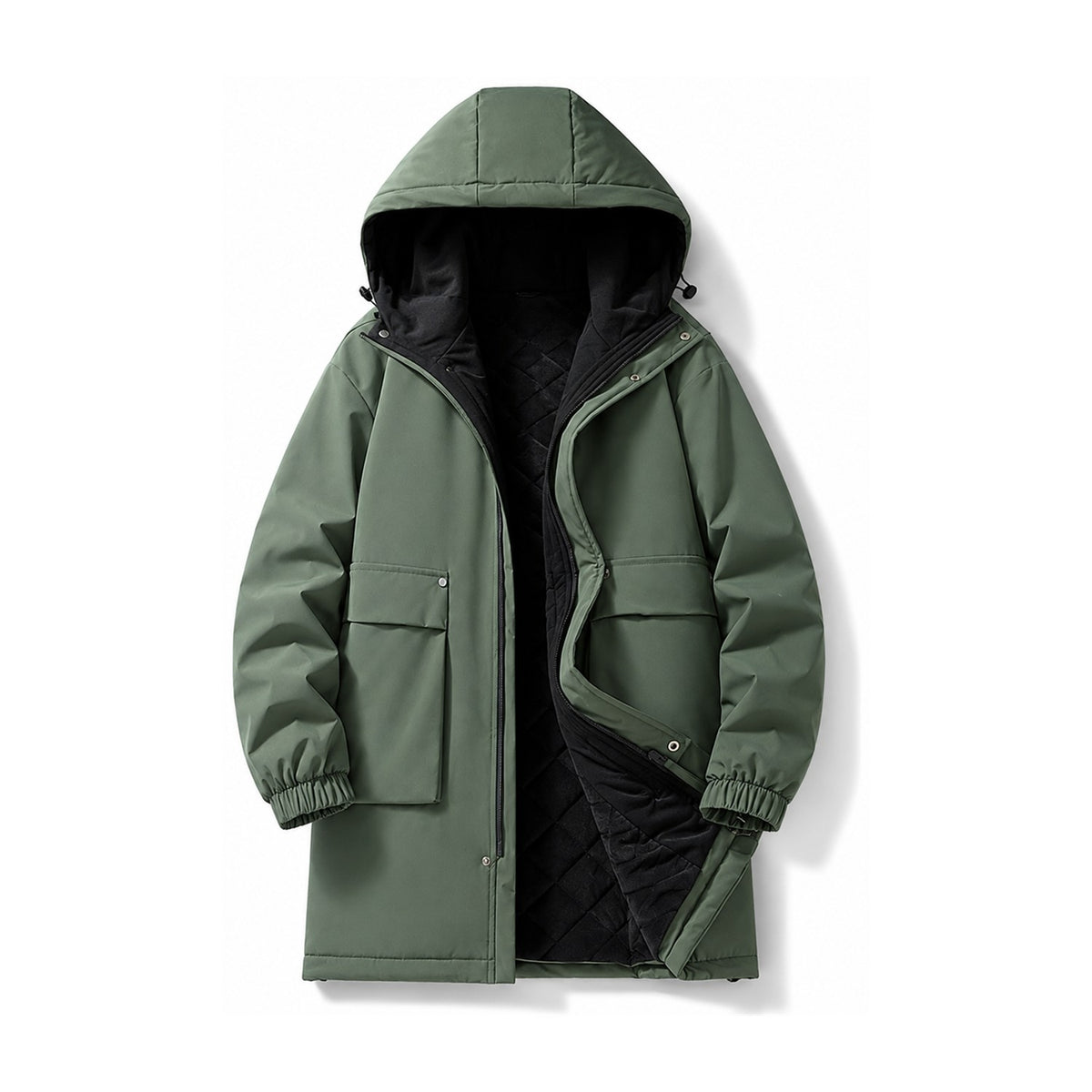 Lowther men's longline hooded jacket in Military Green with warm lining, front view