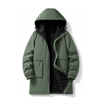 Lowther men's longline hooded jacket in Military Green with warm lining, front view