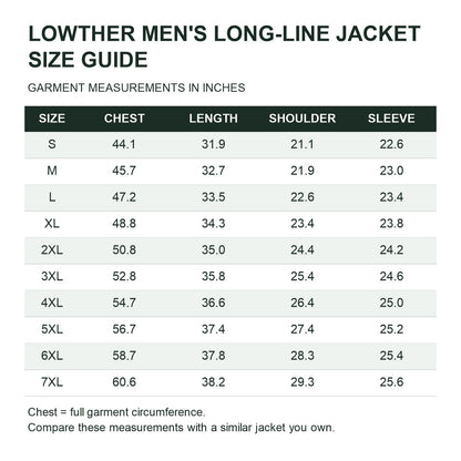Lowther men's longline jacket size guide in inches