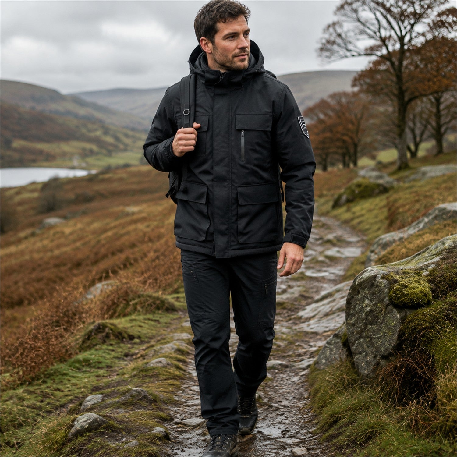 Man hiking in Britain wearing black Tamar 3-in-1 jacket