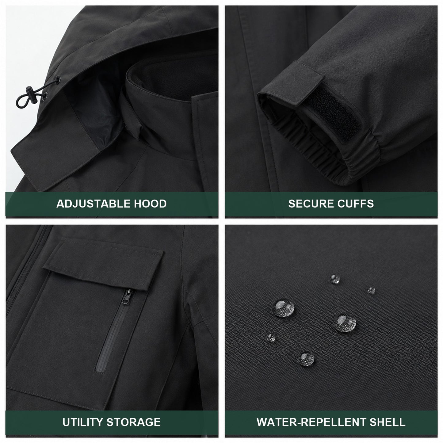 Tamar jacket hood cuffs pockets and water-repellent shell details