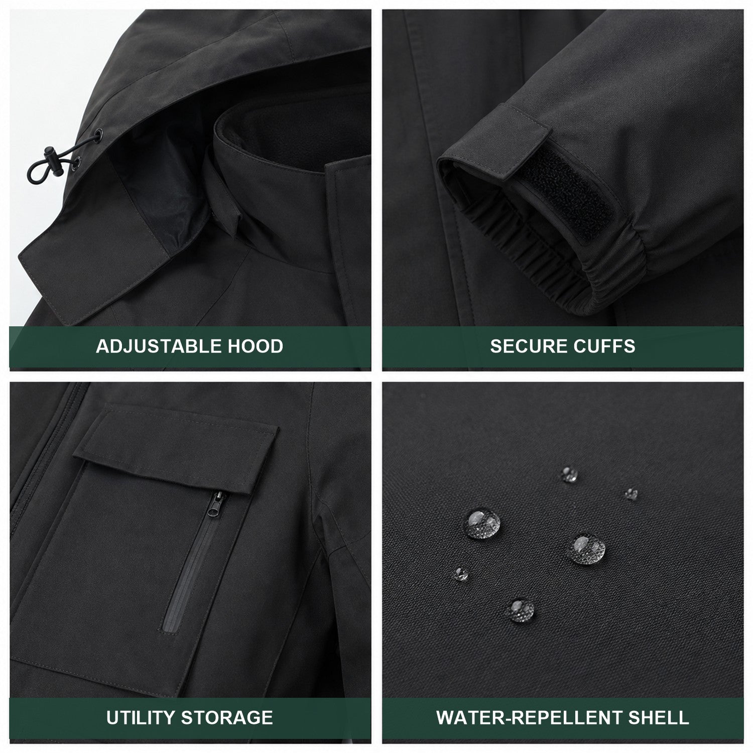 Tamar jacket hood cuffs pockets and water-repellent shell details