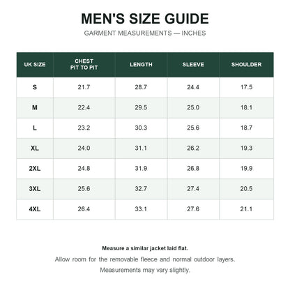 Tamar men's jacket UK size guide in inches